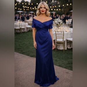Teri Jon Rickie Freeman Size 12 Off The Shoulder Sapphire Satin Gown NWT